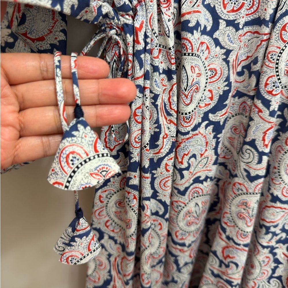 NWT Mango x Chufy Soller Boho Maxi Tiered Dress Puff Sleeve Tassel Blue Red 4 - Picture 10 of 16